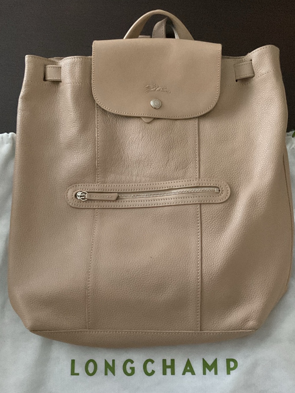 Longchamp Le Foulonné Pebbled Leather Backpack Beige Medium